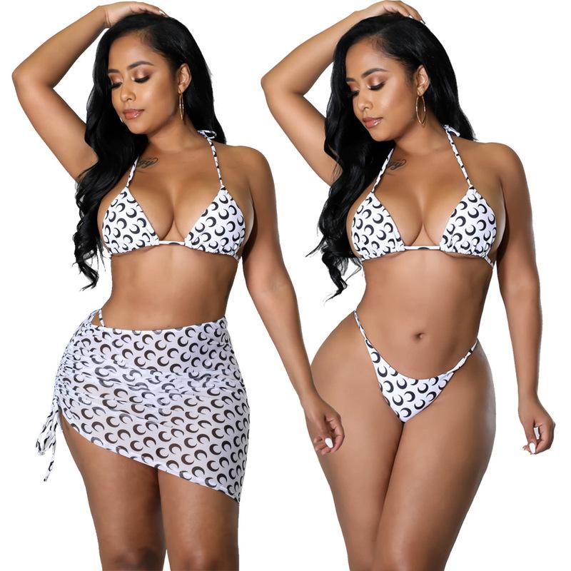 2022 Sexy 3 Piece Bikinis Suit Halter Moon Mesh Swimwear Women Beachwear Wave Point Swimsuit Female Beach Skirt Black Bikini Set