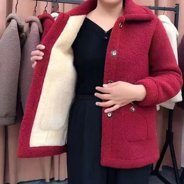 Lambswool Faux Fur Lined Loose Fit Mid-Length Women's Winter Coat, 2025 Autumn/Winter Collection