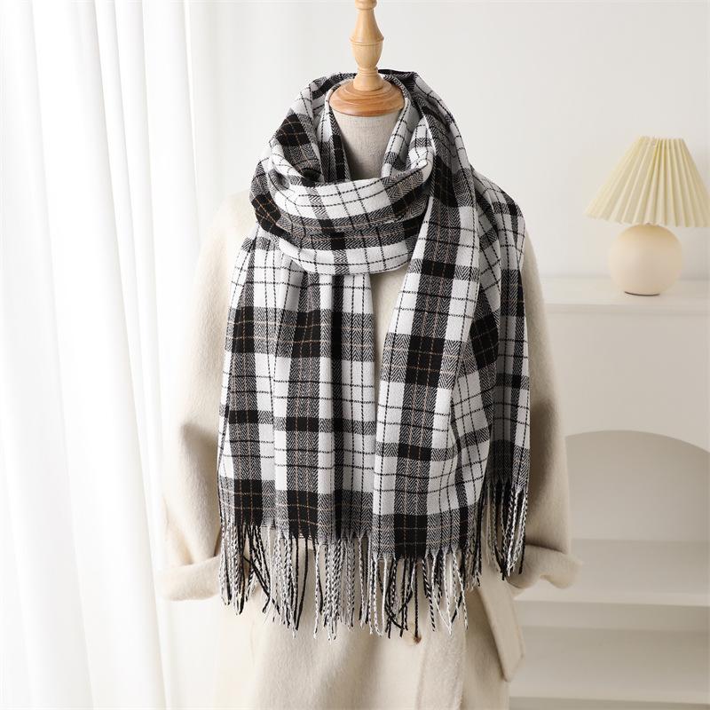 Simple Imitation Cashmere Warm Shawl Scarf Autumn And Winter Fashion High-End Plaid Elegant Rhyme Versatile Fringed Scarf