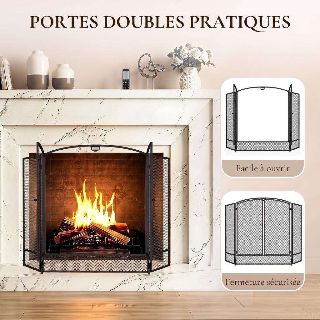 Folding Fireplace Screen, 3 Panels, 2 Doors, 122 x 10 x 75 cm, Black