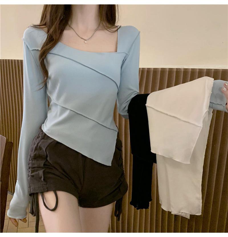 6880# Slim-Fit Spicy Girl Irregular Top - Square Neck Long Sleeve T-shirt for Autumn/Winter