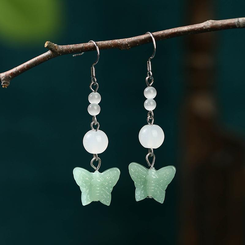 

Ethnic Style Handmade Imitation Jade Butterfly Earrings Silver-plated