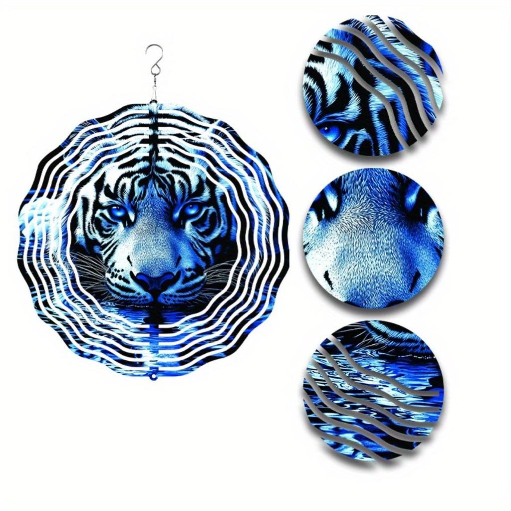 Metal Wind Spinner 2D Blue Tiger Design Hanging Decor for Garden Yard Balcony Outdoor Decoration No Battery Needed