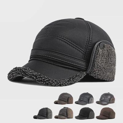 Gorra de béisbol de cuero sintético para hombre: protección para los oídos en invierno, gruesa, cálida, resistente al viento y con terciopelo, para personas de mediana edad y mayores.