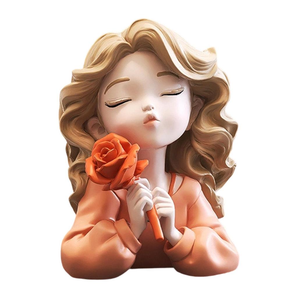 Resin Girl Statue Holding Flower Desk Figure Indoor Home Decor Decoration Sculpture for Mother Day Xmas Birthday Lovers Shelf