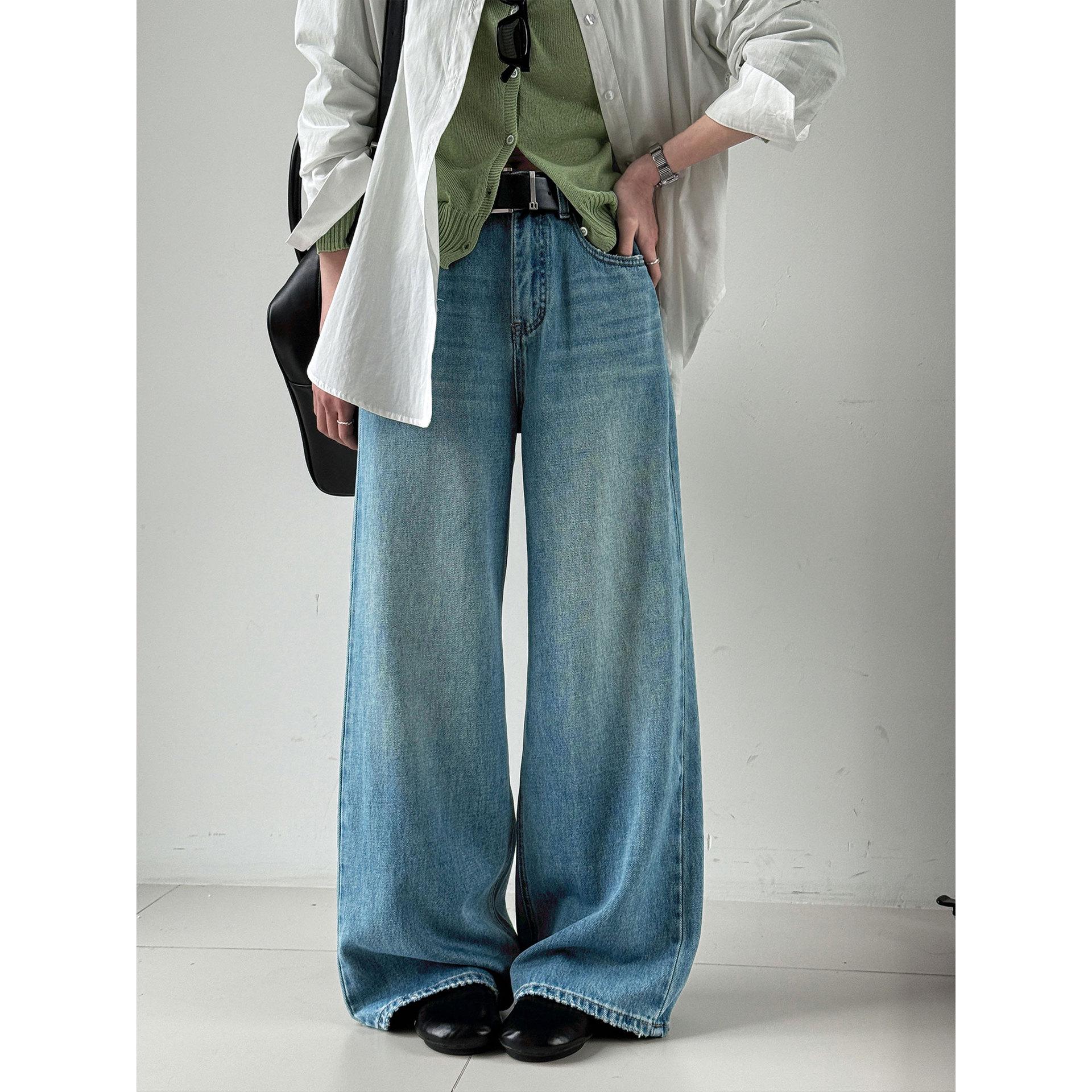 Lu Xi Spring Retro High Waist Light Blue Wide-Leg Jeans with Belt for Women S