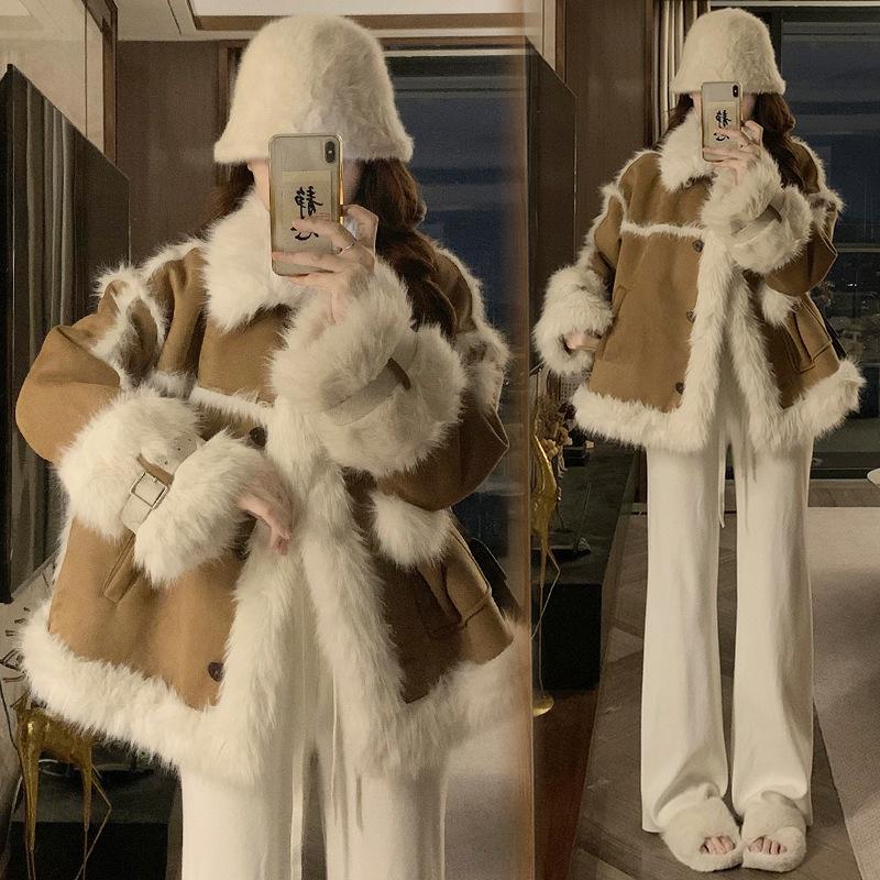 Fur jacket women's autumn and winter high sense light fashion model locomotive style short hair coat thickened