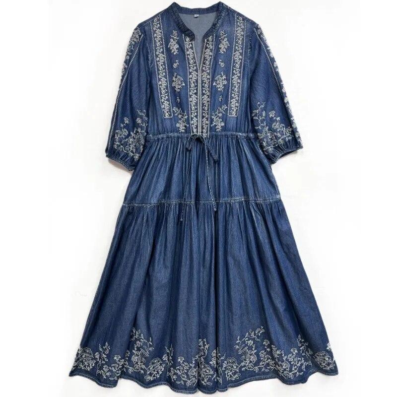 Johnature Niche Cotton Embroidery Frenulum Solid Color A-Line Dress Woman Spring Half Sleeve V-Neck Dress