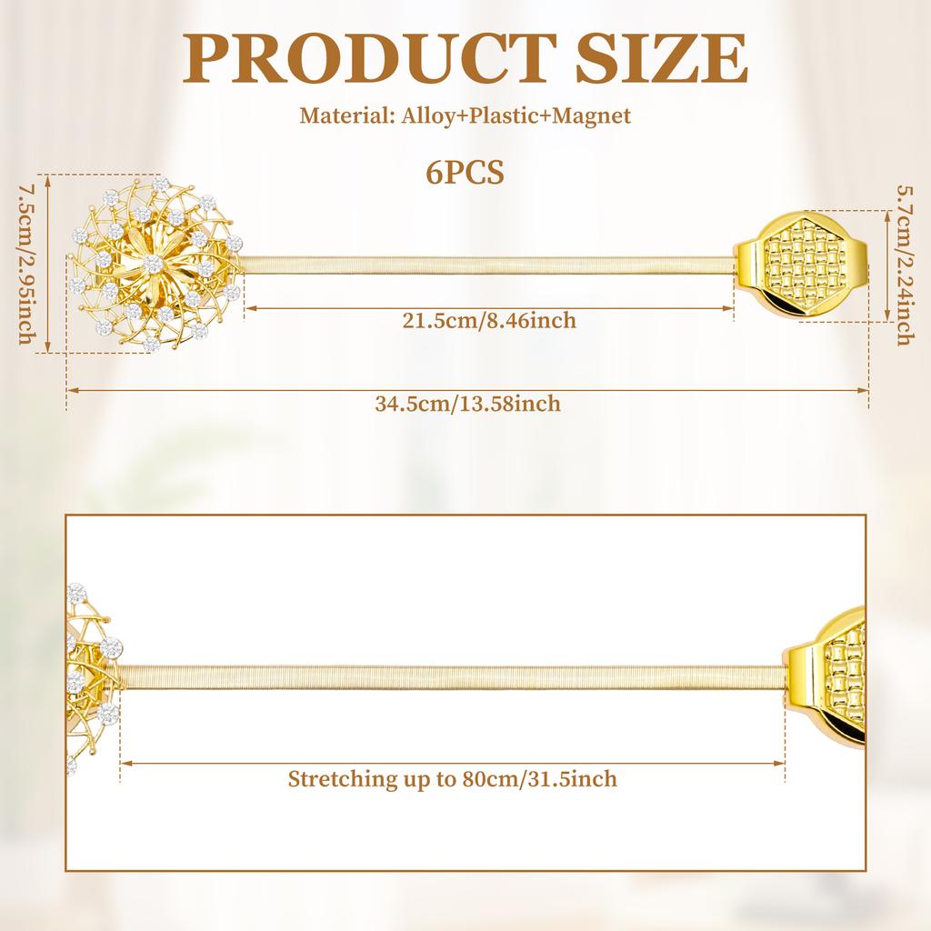 6/4Pcs Magnetic Curtain Tiebacks Sparkling Window Drapery Clips Drapery Buckles with Spring Wire for Home Hotel Office Decor