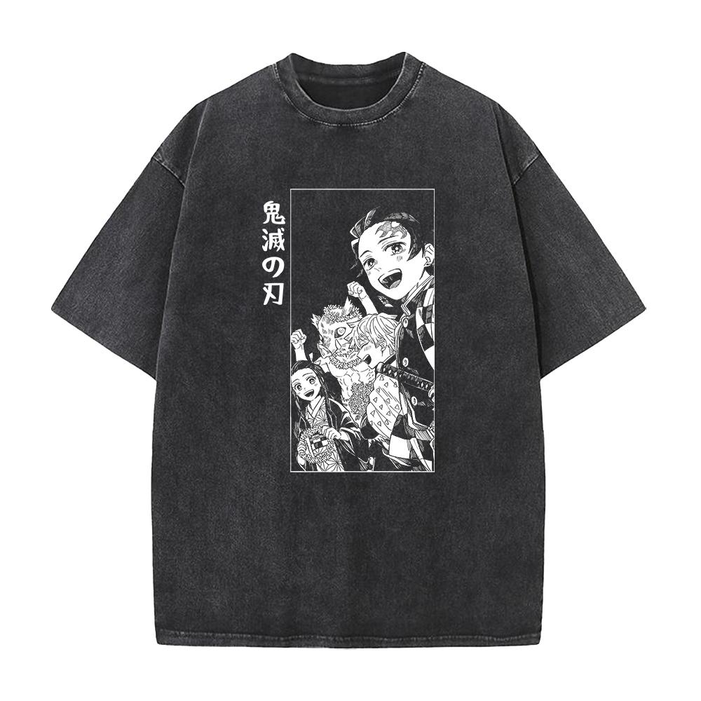 Hot Anime Demon Slayer Kamado Tanjirou Graphic Tee Men Manga Vintage T-shirts Washed Cotton T Shirt Harajuku Male Casual Tshirt