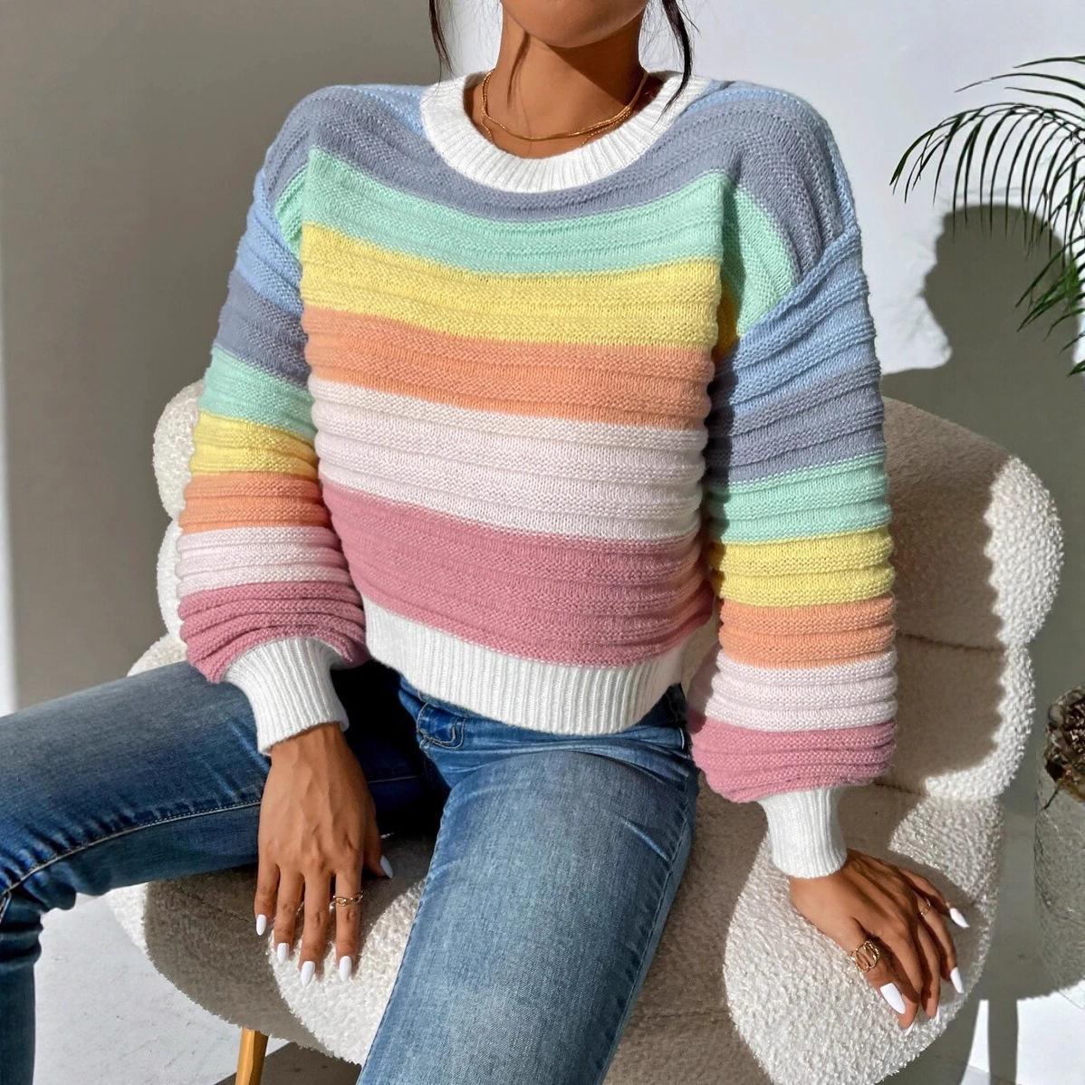 

autumn winter Rainbow stripes Knitted sweaters lantern sleeve loose Jumper crop Tops Women Sweater Pullover Ladies Casual Shirts XL