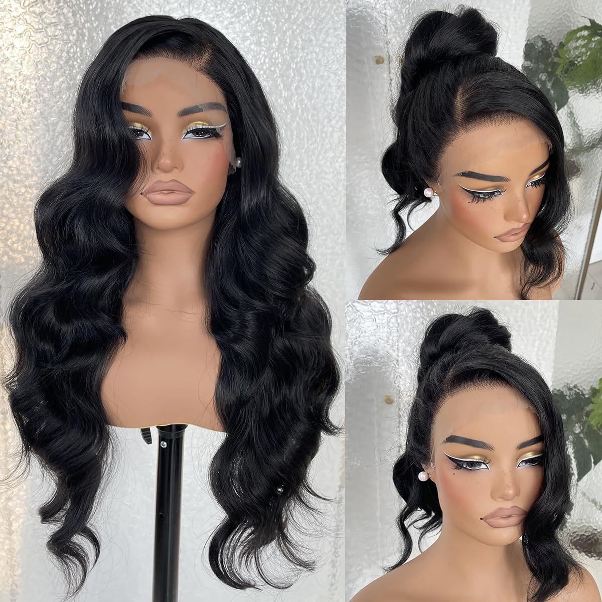 Women s front lace synthetic headband black side-parted long curly hair big waves