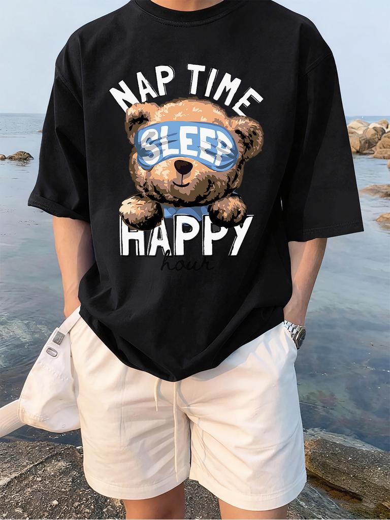 Cartoon Bear Nap Time Happy Prints TShirts Womens Cotton Summer Short Sleeve Tees Soft Loose ONeck Tops Casual Womans Clothes