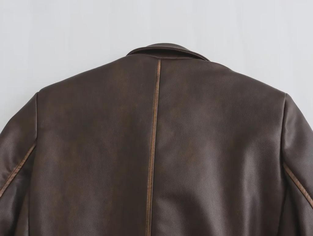 2023 Autumn Women's Mid-Length Distressed PU Leather Trench Coat