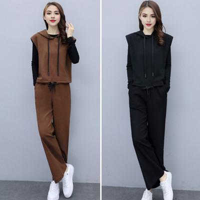 3 Pcs/Set Women Vest Top Pants Set Hooded Drawstring Sleeveless Hoodie Long Sleeve O Neck Top Elastic Waist Wide Leg