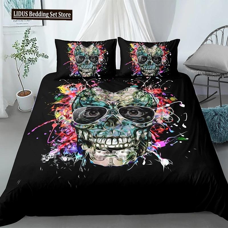 

Skull Duvet Cover Set Colourful Hats Horror Gothic Theme Bone Skeleton Pattern Polyester Size For Boy Teen US King 264x228cm