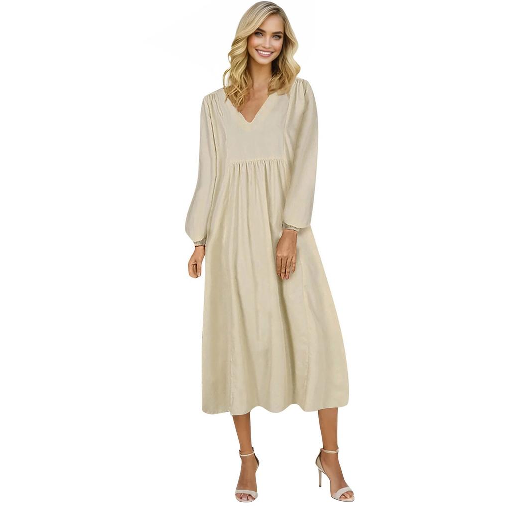 Women's Summer And Fashion V-neck Cotton Linen Loose Sleeves Long Sleeve Dress