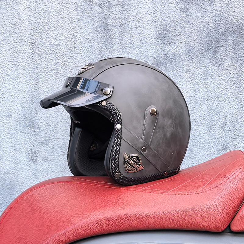 Retro Motorcycle Helmet PU Leather Open 3/4 Chopper Bicycle Helmet CapacetDOT Certification