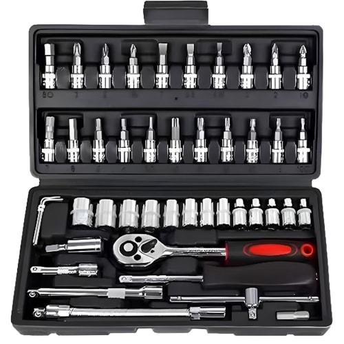 GOODCHI 46-Piece Socket Wrench Set with 6.3mm (1/4") Drive, Beginner's Guide for Auto Repair, Bicycle Repair, DIY, and Inspection, Includes Storage Ca