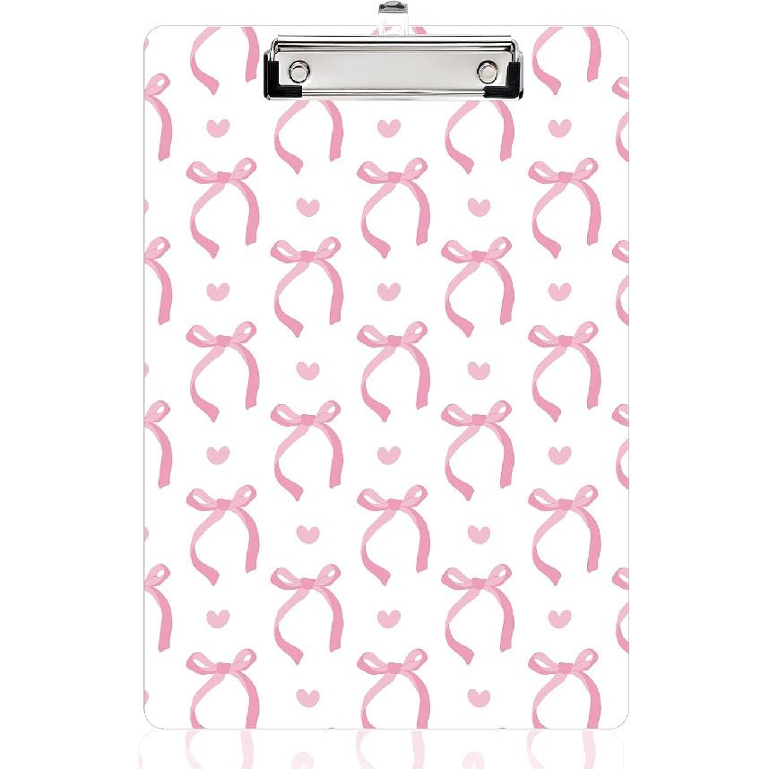 Seajan Pink Bow Clipboard Cute Preppy Coquette Plastic Decorative Clipboards with Low Profile Clip Hanging Tab A4 Letter Size, 12.4 X 9 Inch for