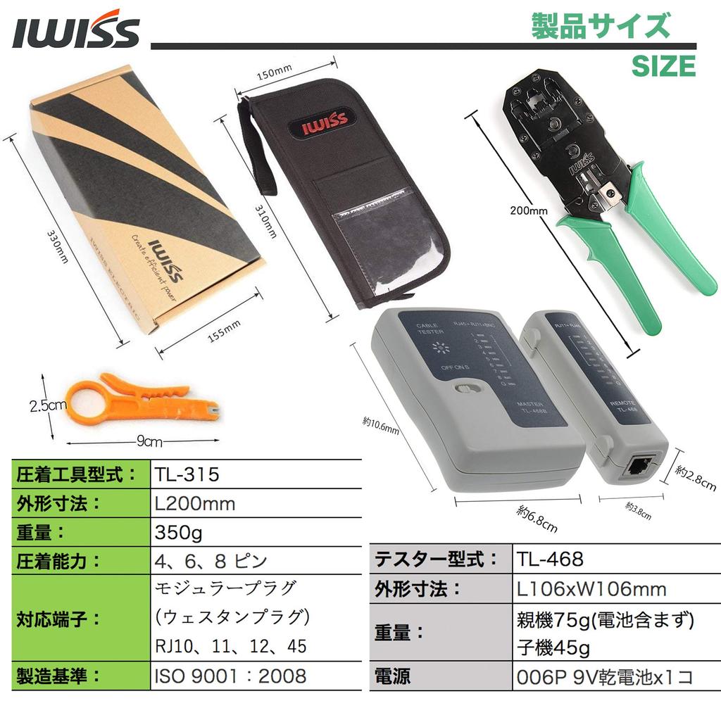 IWISS LAN Cable Making Tool Kit: Crimping Pliers (with Stripper), LAN Cable Tester, Connectors (100 pieces, Solid Wire, CAT6 Compatible), Storage Bag