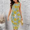 Women Plus Size Sleeveless Round Neck Midi Bodycon Dress Elegant Hanging Floral Print Blue Slim Fit Dress