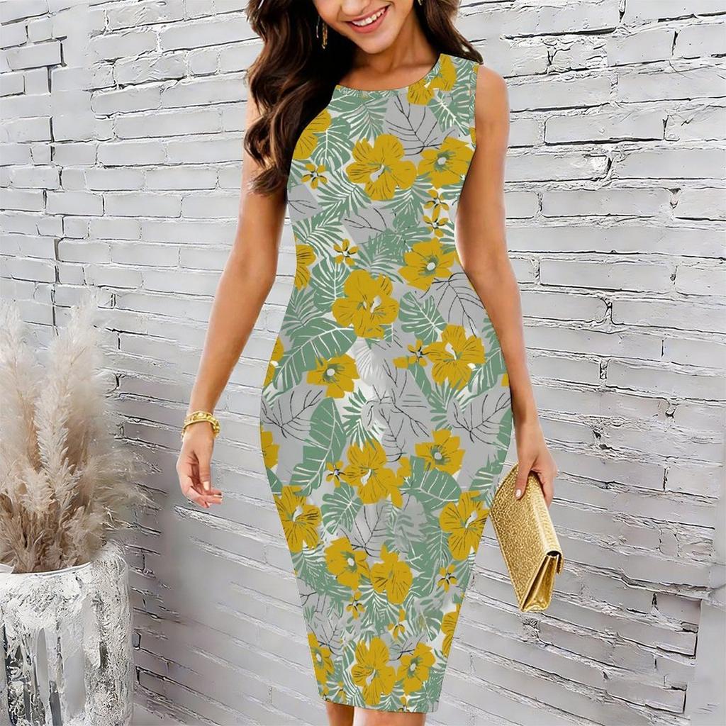 Women Plus Size Sleeveless Round Neck Midi Bodycon Dress Elegant Hanging Floral Print Blue Slim Fit Dress