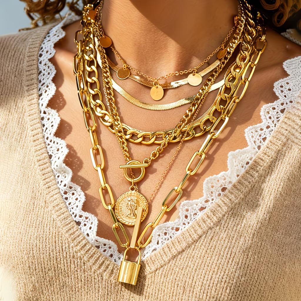 6pcs/3pcs Vintage Elegant Fashion Multi-Element Portrait Coin Cross Lock OT Buckle Pendant Hollow Chain Layered Necklace Set New