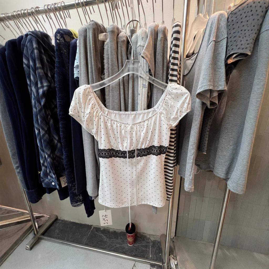 Spring and Summer New Pure Desire Sweet Wind Lace Splicing Polka Dot Square Neck Short-sleeved T-shirt Women's Strap Slim Top