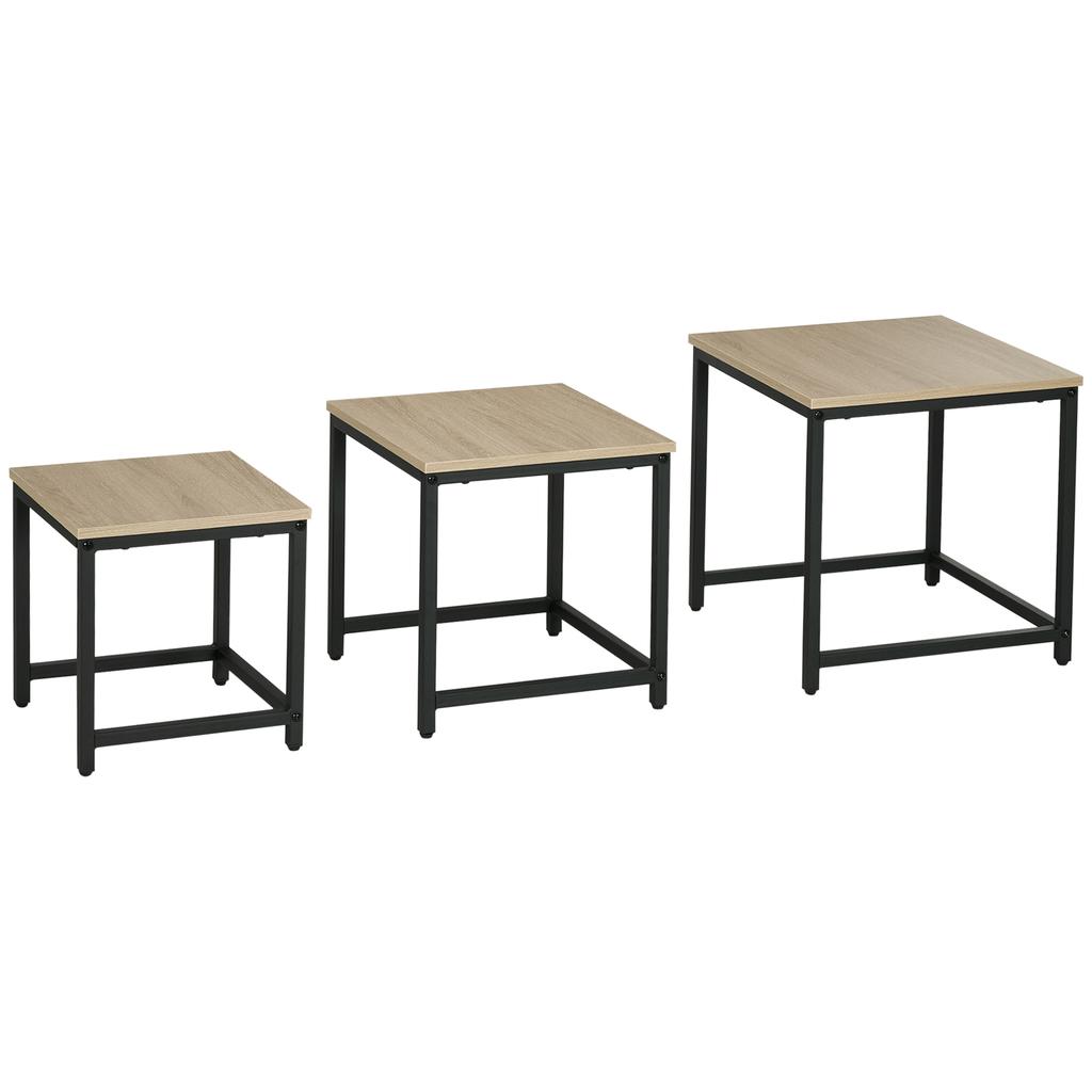 Set Of 3 Side Tables Industrial Design Black Steel Frame Wood Grain Tabletop