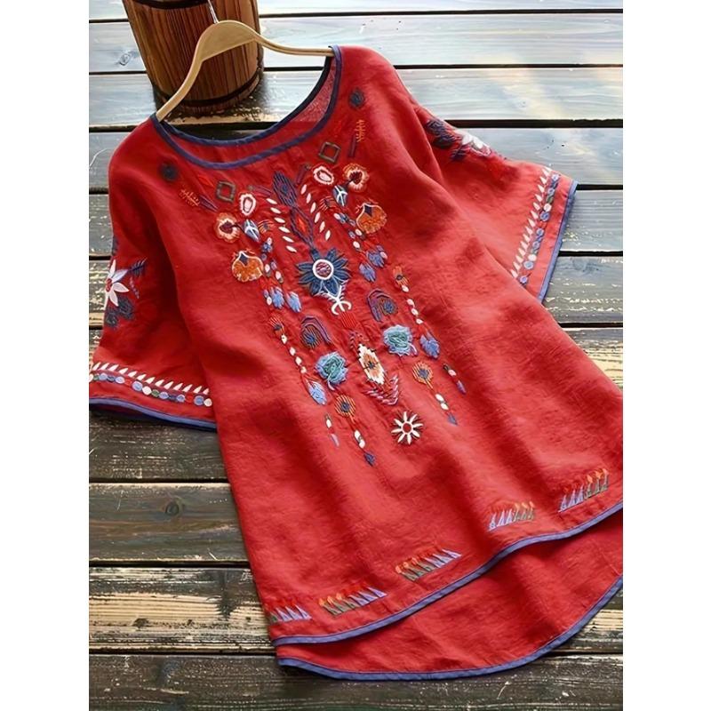 

1 шт., блузка больших размеров с вышивкой и высоким низким подолом, блузка с коротким рукавом в стиле бохо на весну и лето, женская одежда больших размеров XXXL красный