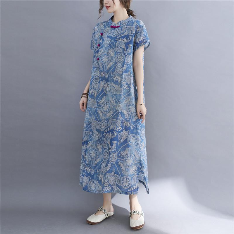 Retro Print Ethnic Style Plus Size Cheongsam Dress for Women