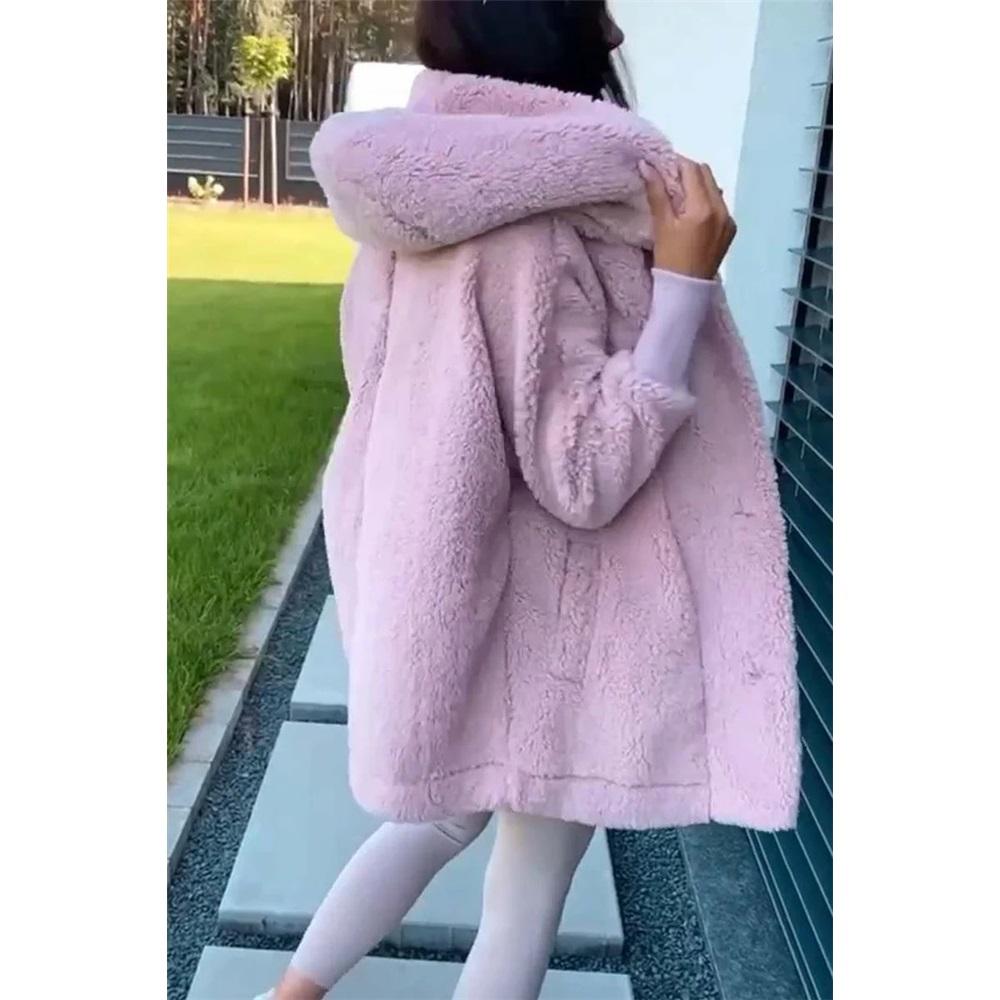 Women's Solid Color Long-sleeved Loose Plush Hooded Jacket