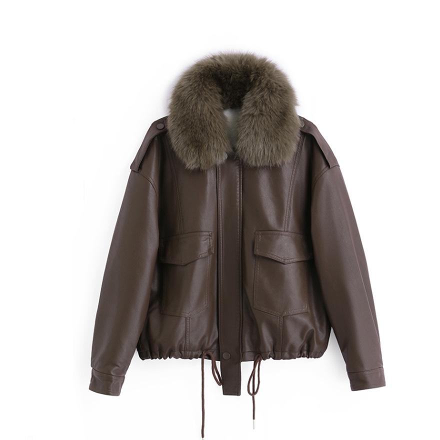 Fur collar plush leather jacket women's winter new short loose locomotive jacket leather jacket