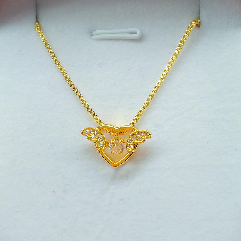 Vietnamese Sand Gold Heart Necklace with Gilded Brass Crown Pendant and Diamond Inlay In Multiple Styles