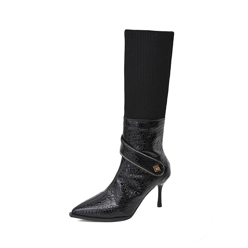 Fashion Women's Stiletto Cotton Boots Winter New Pointed Head Side Zipper Mesh Fabric Stitching Rivets Non-slip High Heels