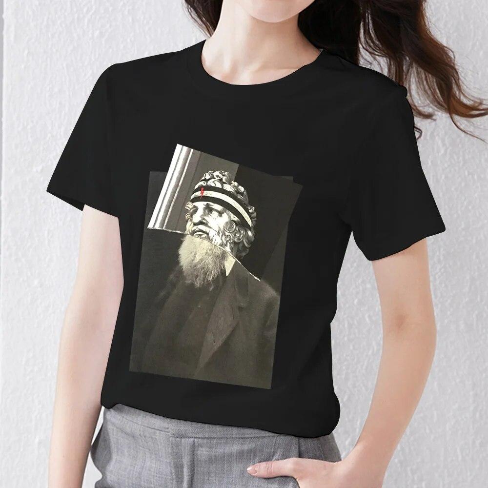 Retro Frauen Kleidung T-shirt Casual Slim Top Einfache Schwarz Pendler Kurzarm Lustige Skulptur Print Damen Mode O-ansatz Top