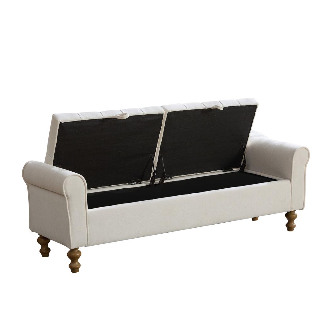 Modern Bench with 2 Lids, Velour Footstool with Rolled Armrests, As Daybed, Rubberwood Legs, for Living Room, Hallway, Bedroom, Color: Beige