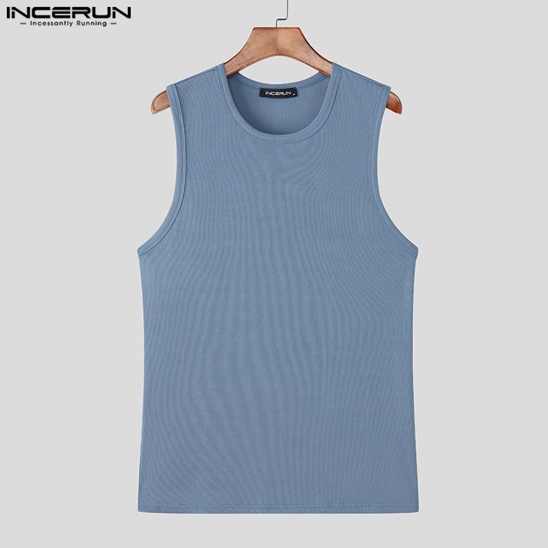 INCERUN Summer Men Round Neck Sleeveless Semi-Sheer Rib Casual Tank Tops