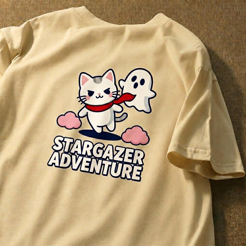 Kawaii Red Scarf Cat Friendly Ghost Print TShirt Unisex Unisex Cute Cartoon Loose Oversized Cotton Casual Halloween Street Tees M