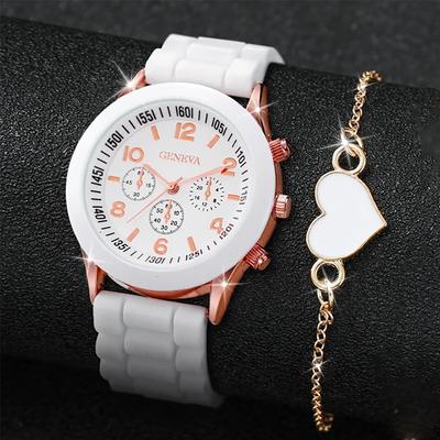 2 Stück/Set Mode Einfaches Set Uhren Luxus Herren Damen Silikonband Quarz Uhr für Business Casual Armband Armbanduhr