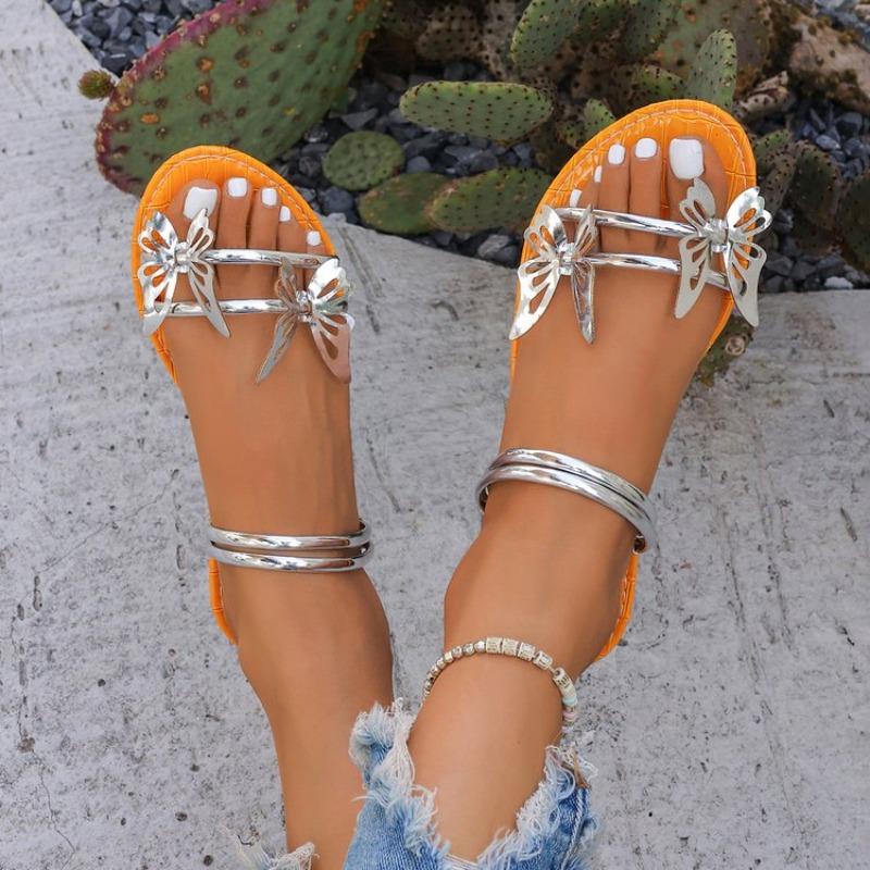 2026 Women's Sandals Summer Comfortable Casual Shoes Flat Slippers Women's Shoes Beach Butterfly Gold Footwear