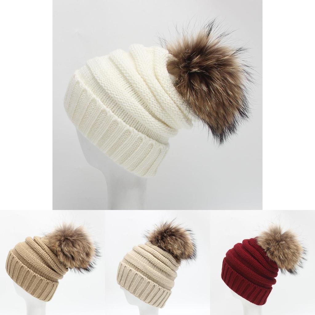 Unisex Knitted Beanie With Thickened Wool Pompom Striped Design For Winter Outdoor Warmth