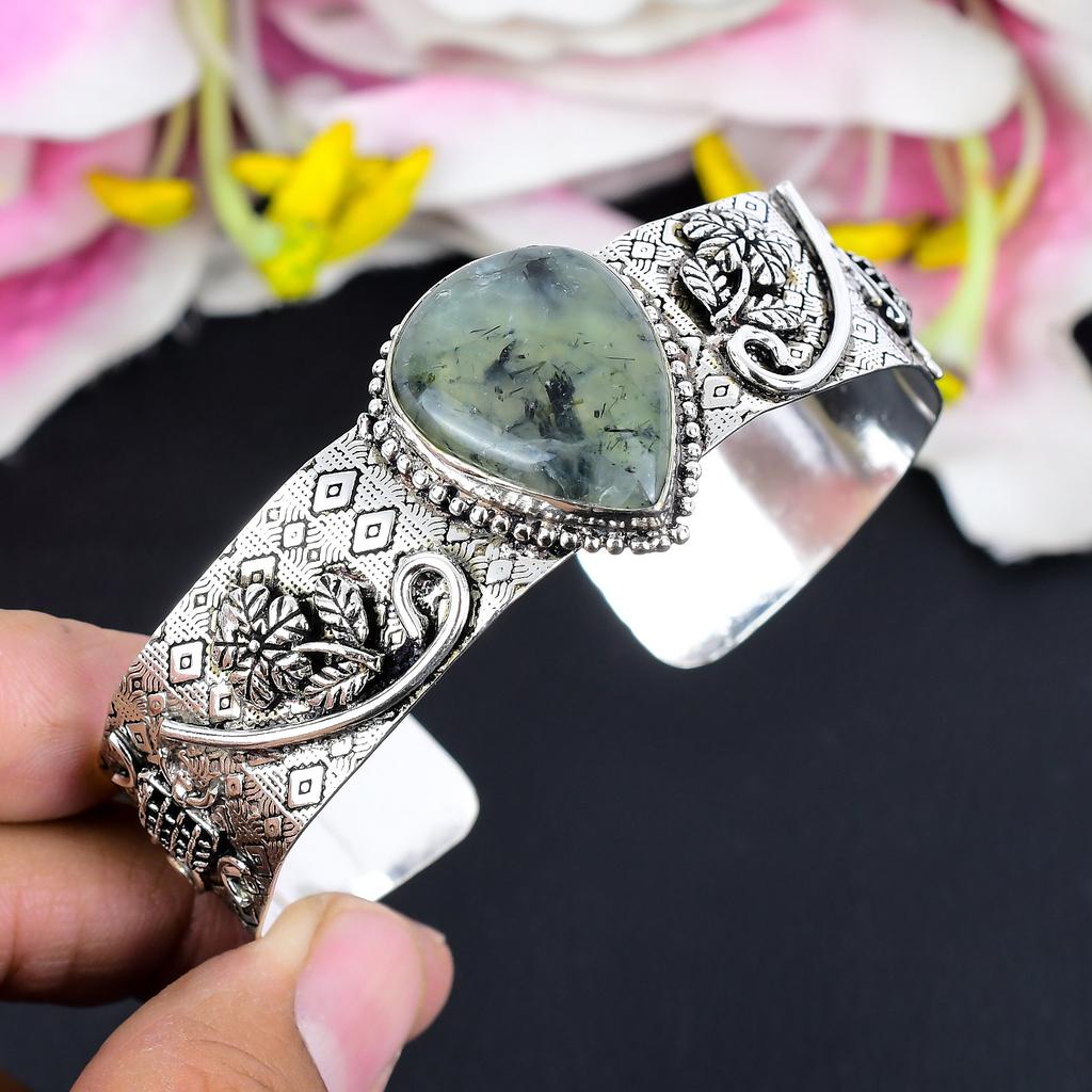 Prehnite Gemstone Handmade 925 Sterling Silver Cuff Bangle Adjustable KG-1874