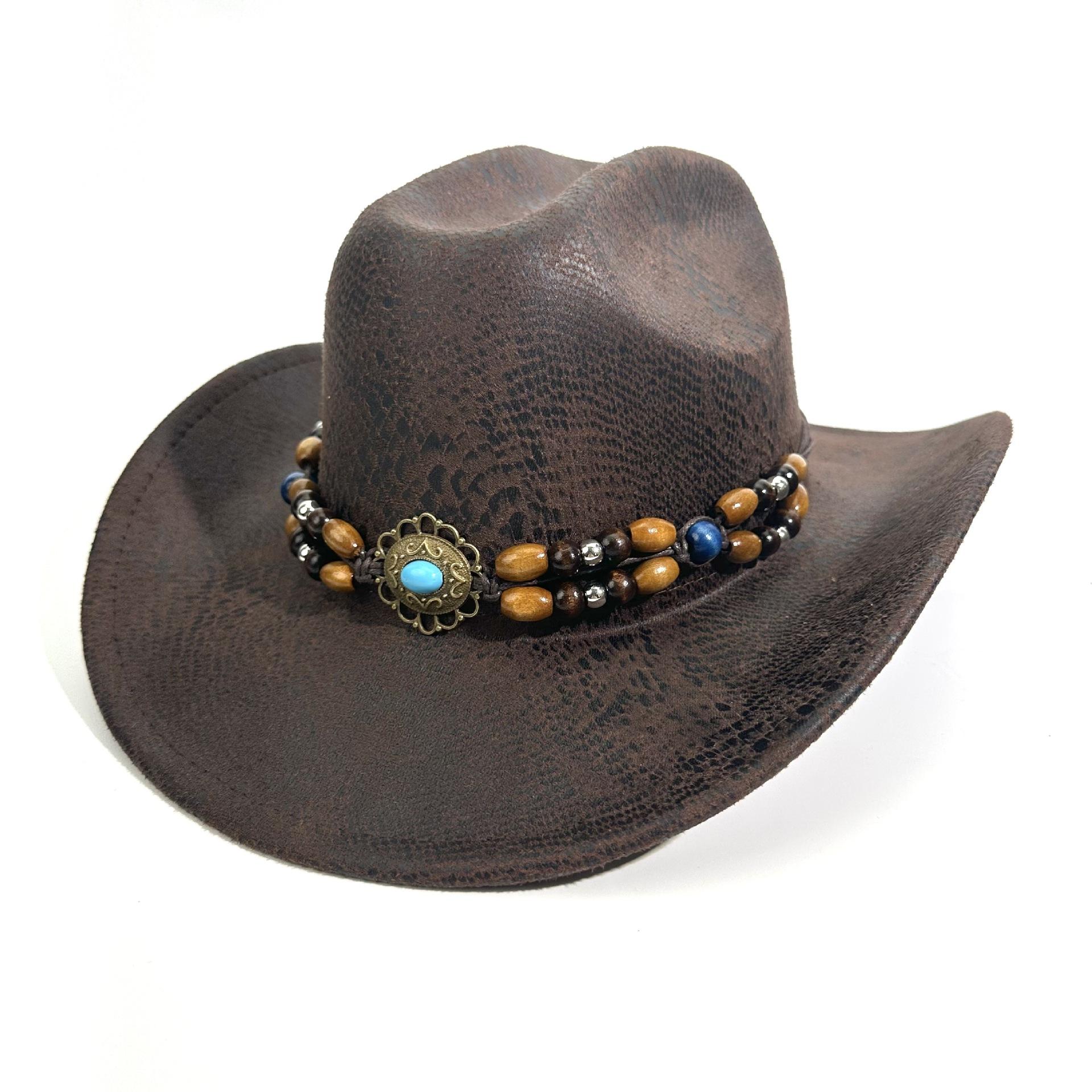 

Retro Beaded Western Cowboy Hat Men S And Women S Vacation Beach Fashion Summer Snake Top Hat M（56-58cm） темно-коричневого кольору