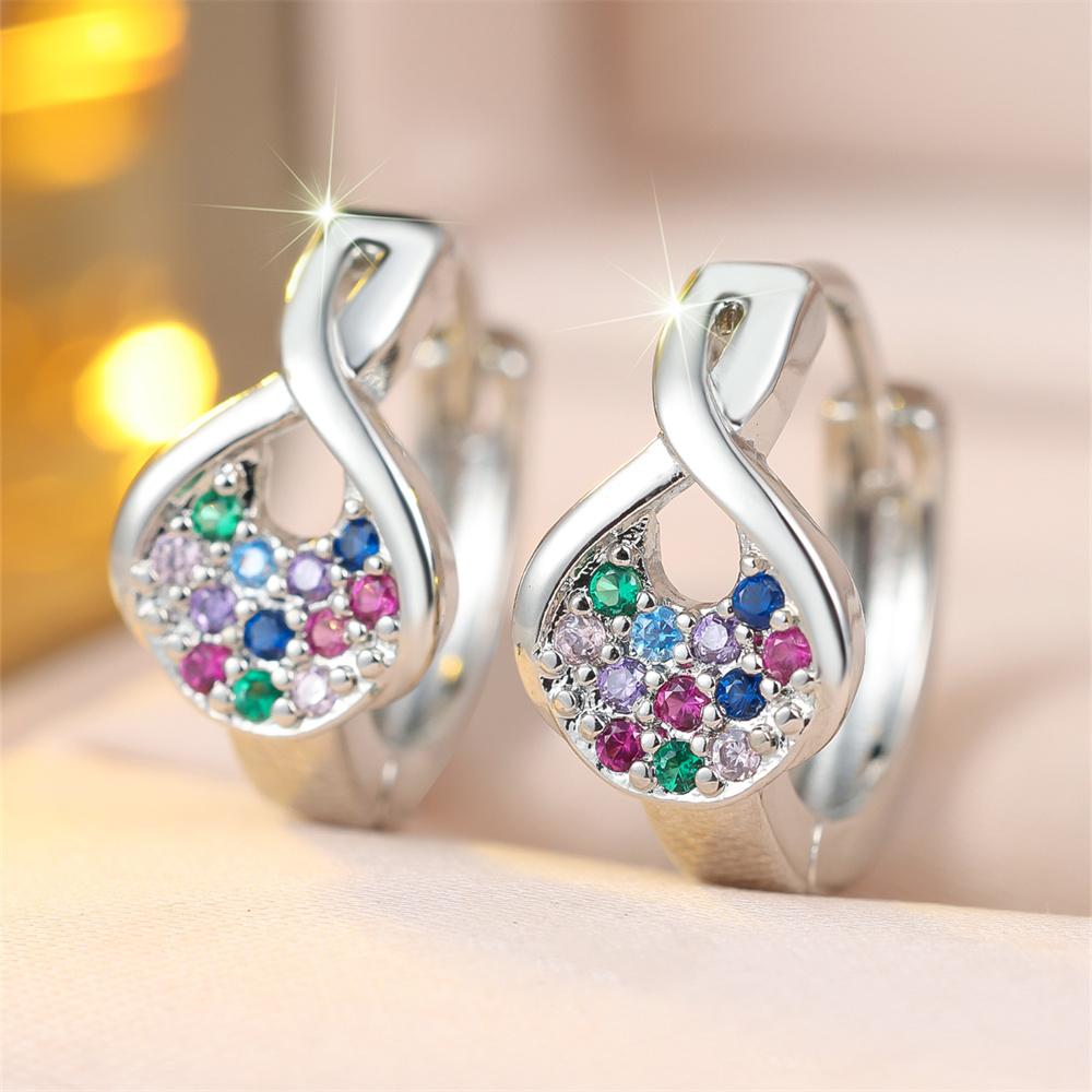Geometric Small Stone Rainbow Crystal Hoop Earrings For Women Vintage Gold Silver Color Ear Buckle Wedding Jewelry Bridal Gifts