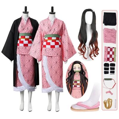 Anime Kamado Nezuko Strój Cosplay Demon Slayer Kimetsu No Yaiba Stroje Kimono Haori Peruka Klapki Garnitur dla Dorosłych Dzieci Hallow