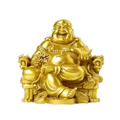 Hotei Figurine, Maitreya Bodhisattva, Feng Shui Item, Hotei Sitting On a Dragon Throne, Amulet for Wealth, Good Fortune, and Financial Luck (Gold)