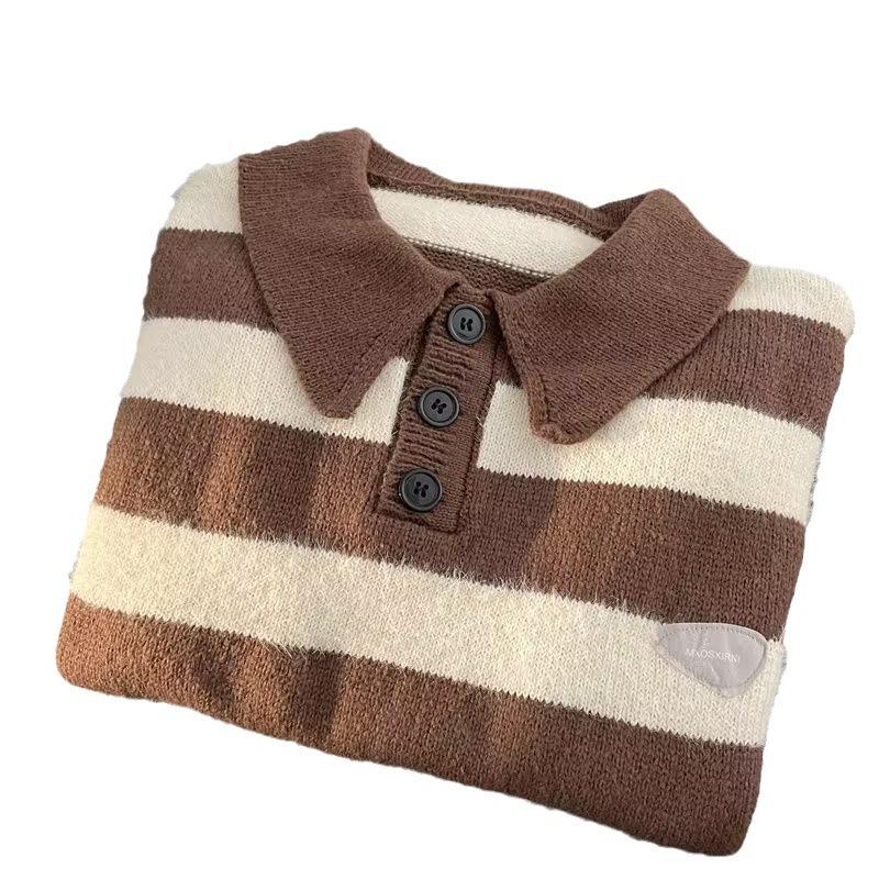 American retro brown striped trendy brand lapel polo sweater men and women autumn and winter ins high street loose lazy wind