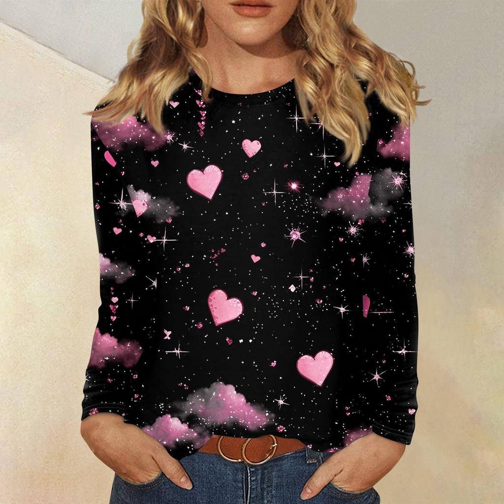 Women's Valentine's Day Fashionable Heart Print Round Neck Long Sleeve Pullover Top